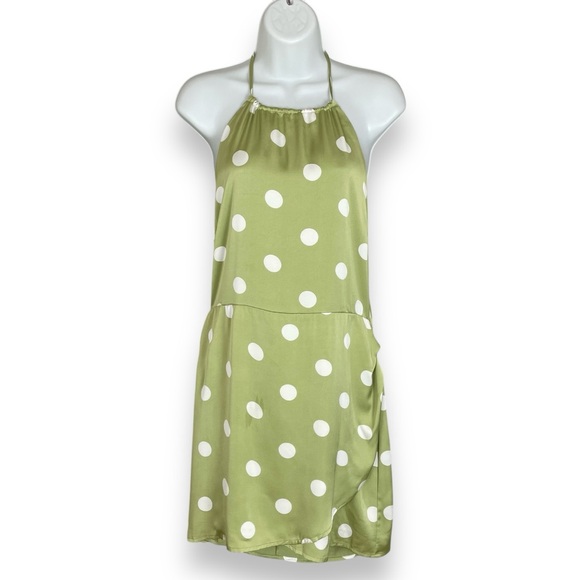NWT Lulus Halter Mini Dress The Best Spot Green Polka Dot Satin Medium Backless - Picture 5 of 15